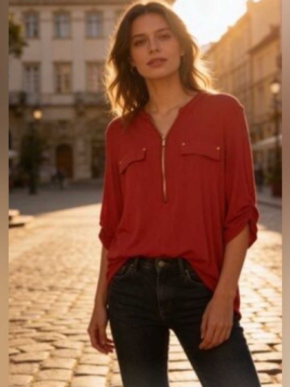 ❤️ Calvin Klein L Women's Red Zip-Front Long Sleeve Blouse Shirt Dress Top (B6)